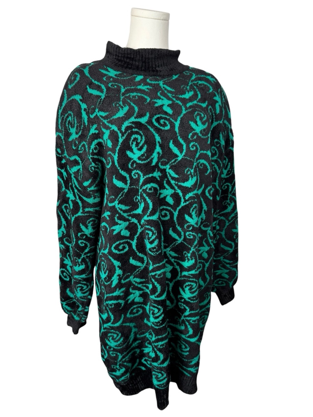 Vintage St. John Sportswear Sweater Dress Black Green Floral Pullover USA Retro